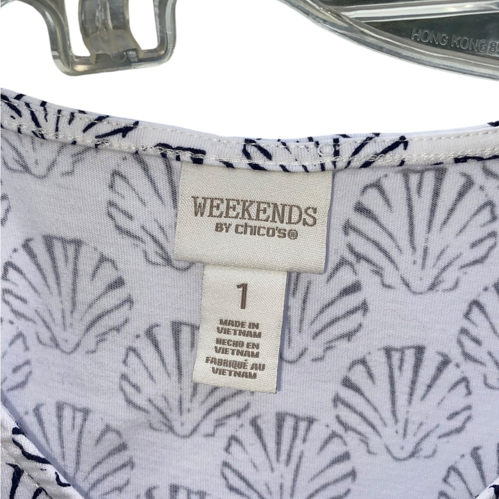 Weekends by Chico shell pattern Coastal white & Blue Women's Top / tee size M - Picture 5 of 8